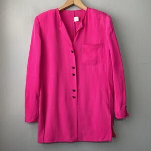 Vintage 80s Blouse Size 12 Petite Bright Pink Silk Button Front Top Dopamine